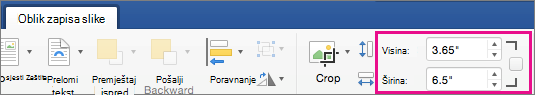 Kartica Oblik slike s istaknutim okvirima Visina i Širina.