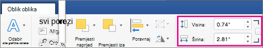Na kartici Oblik oblika istaknuti su okviri Visina i Širina.