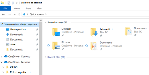 Eksplorer za datoteke u sustavu Windows 10 s mapama Radna površina, Dokumenti i Slike na servisu OneDrive