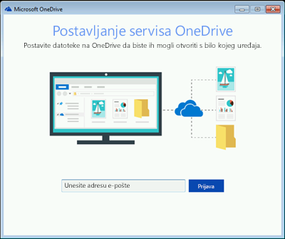 Snimka prvog zaslona postavljanja servisa OneDrive u sustavu Windows 7