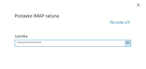 Dijaloški okvir Postavljanje računa, stranica za lozinku.