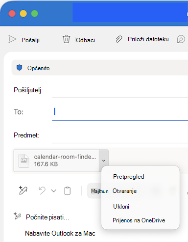Mogućnosti padajućeg izbornika Prilaganje datoteke u programu Outlook za Mac