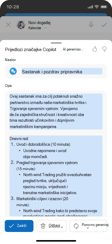 List s prijedlozima rješenja Copilot za zakazivanje uz Copilot