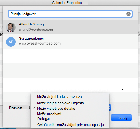 Postavke delegiranja za danu adresu e-pošte
