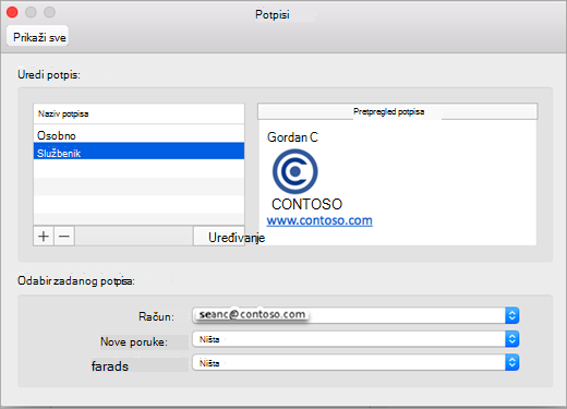 Stranica potpisa s preferencama programa Outlook