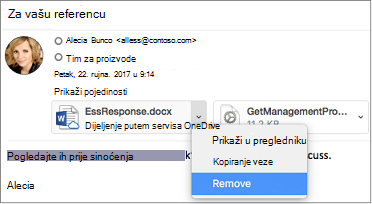 Odaberite strelicu dolje i Ukloni da biste uklonili privitak