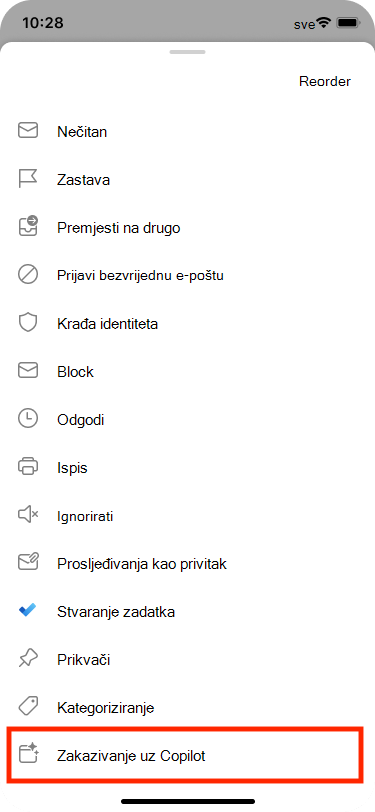 Zakazivanje iz e-pošte može se odabrati na izborniku Dodatne akcije