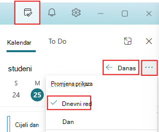 Postavljanje okna Moj dan na prikaz Danas i dnevni red