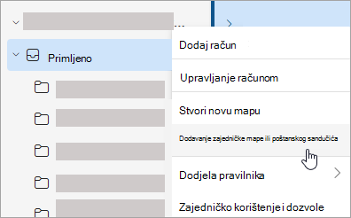 Snimka zaslona na kojoj se prikazuje odabir za dodavanje zajedničke mape ili poštanskog sandučića