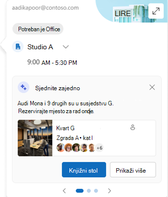 Snimka zaslona s karticom lokacije rada koja sadrži gumb za rezervaciju radnog stola za događaj uživo.