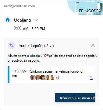 Snimka zaslona koja prikazuje ažuriranje lokacije rada