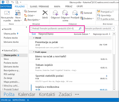 Okvir za trenutno pretraživanje iznad poruka