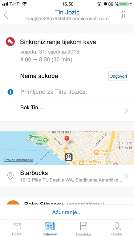 Snimka zaslona prikazuje zaslon mobilnog uređaja sa stavkom kalendarske pozivnice.