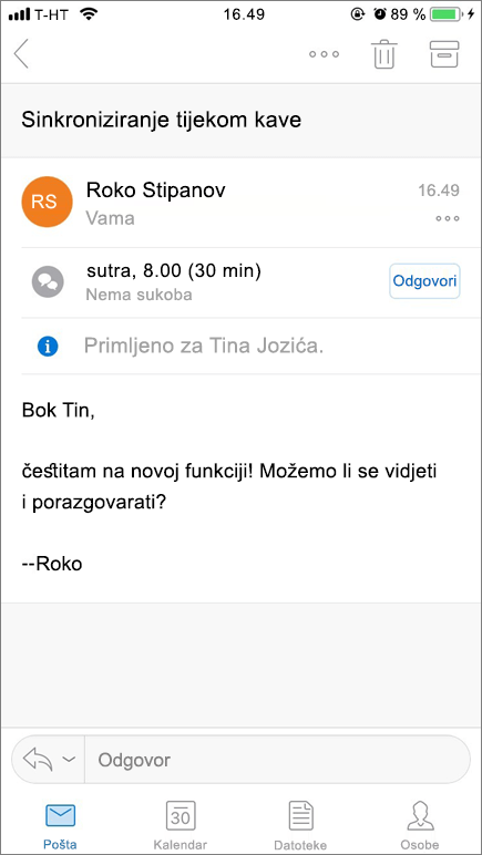 Snimka zaslona prikazuje zaslon mobilnog uređaja sa stavkom pošte.