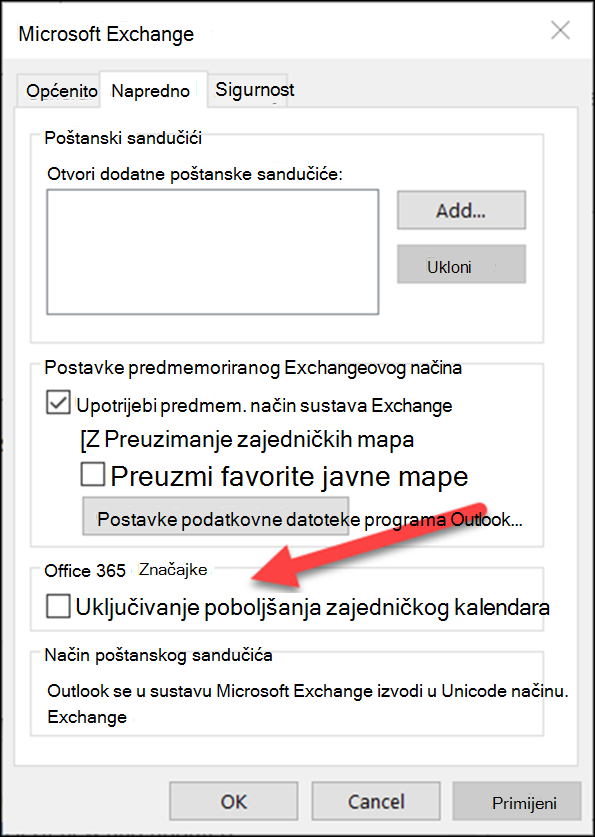 Poboljšanja zajedničkog kalendara možete uključiti potvrdnim okvirom.