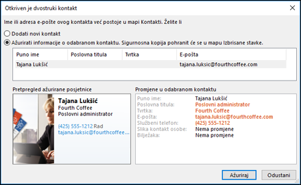 Ako imate duplicirani kontakt, Outlook će vas pitati želite li ga ažurirati.