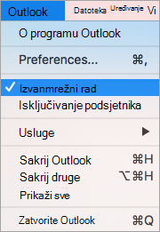 Prikazuje mogućnost Izvanmrežni rad odabranu na izborniku programa Outlook