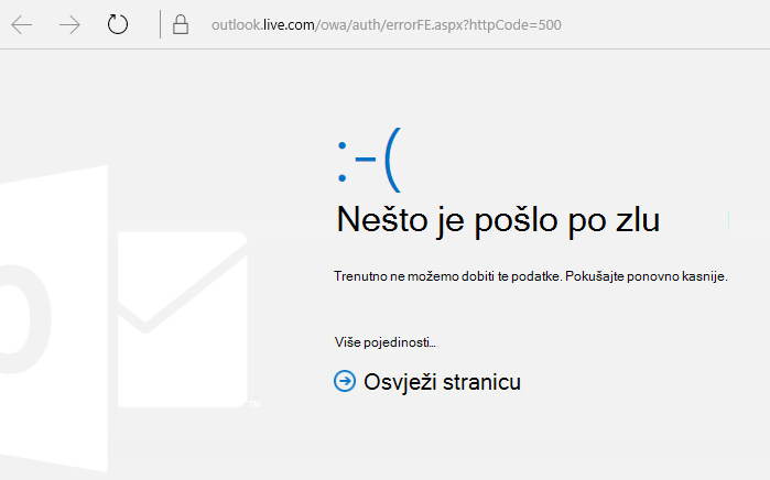 Outlook.com Došlo je do pogreške kod 500