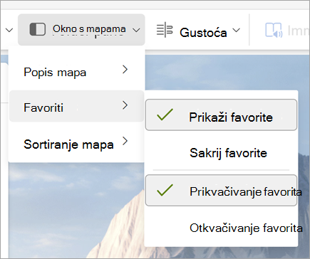 Snimka zaslona padajućeg izbornika okna mapa s odabranim mogućnostima Prikaži favorite i Prikvači favorite