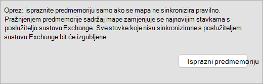 Prikazuje gumb Isprazni predmemoriju i upozorenje na kartici Općenito