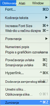 Prikazuje odabir mogućnosti Zumiranje na izborniku Oblikovanje