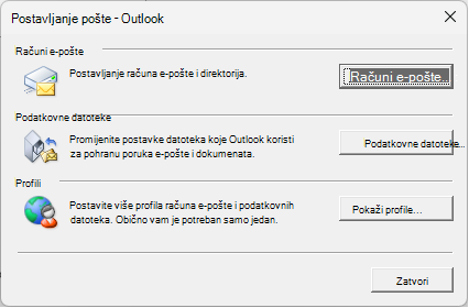 Dijaloški okvir Postavljanje pošte – Outlook kojemu se pristupa putem postavki pošte na Upravljačka ploča.