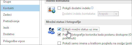 Kartica People u dijaloškom okviru Mogućnosti s istaknutom mogućnošću Prikaži mrežni status