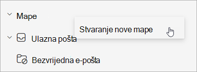 Snimka zaslona na kojoj je prikazana mogućnost Stvori novu mapu odabranu na izborniku Dodatne mogućnosti u oknu s mapama