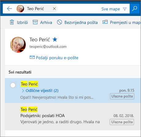 Potražite neku osobu da biste vidjeli sve poruke e-pošte