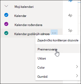 Snimka zaslona sadržaja kalendarskog izbornika sa odabranom naredbom Preimenuj