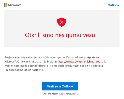 Snimka zaslona s upozorenjem o nesigurnim vezama
