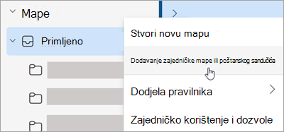 Snimka zaslona na kojoj se prikazuje odabir za dodavanje zajedničke mape ili poštanskog sandučića
