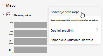 Snimka zaslona na kojoj je prikazana mogućnost Stvori novu mapu odabranu na izborniku Dodatne mogućnosti u oknu s mapama