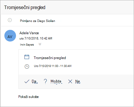 Snimka zaslona pozivnice na sastanak poslane delegatu
