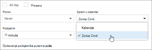 Snimka zaslona izbornika Spremi u kalendar.