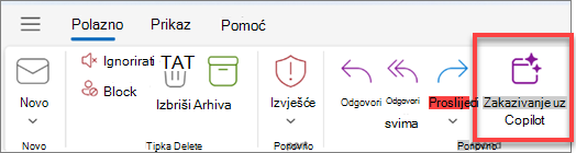 Zakazivanju uz Copilot možete pristupiti na alatnoj traci akcija pošte