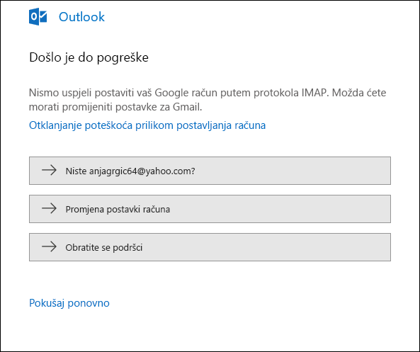 Nešto je pošlo po zlu prilikom dodavanja računa e-pošte u Outlook.