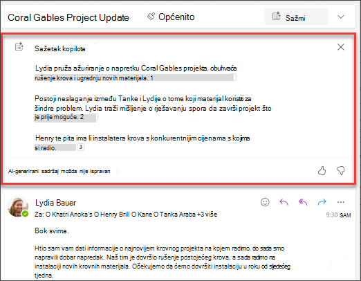 Sažetak niti poruka e-pošte s navodima koje je stvorio Copilot.