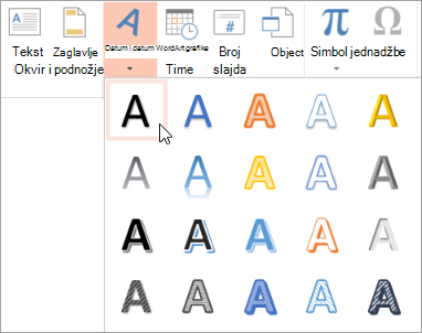 Choosing a WordArt style on the Insert tab