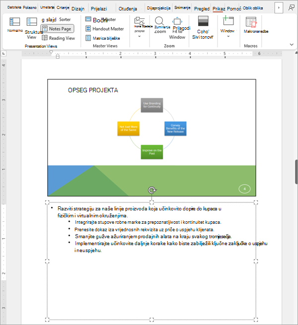 Snimka zaslona koja prikazuje jedan slajd u skupu slajdova programa PowerPoint s povezanim bilješkama.