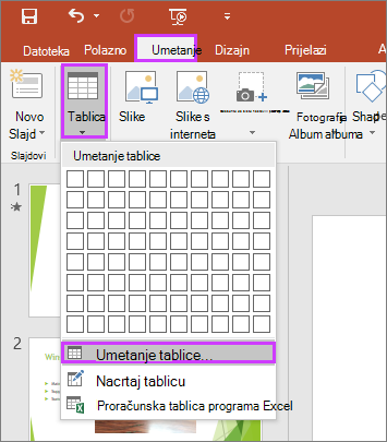 Prikaz mogućnosti Tablica na kartici Umetni na vrpci u programu PowerPoint