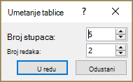 Prikaz dijaloškog okvira Umetanje tablice u programu PowerPoint