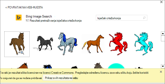 Pretraživanjem isječaka crteža konja nudi razne slike s licencom Creative Commons.