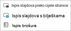 Izbornik s mogućnostima ispisa.