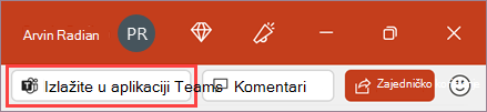 Gumb Prikaži u aplikaciji Teams