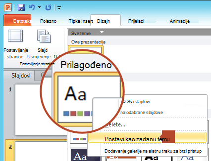 Desnom tipkom miša kliknite novu temu navedenu pod naslovom Prilagođeno, a zatim odaberite Postavi kao zadanu temu.