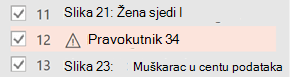 Pokraj stavke za koju je potreban zamjenski tekst prikazuje se simbol upozorenja.