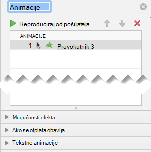 Animacijsko okno sadrži mogućnosti efekata, mogućnosti tempiranja i mogućnosti tekstnih efekata