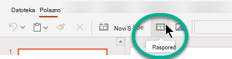 Gumb Raspored na kartici Polazno u programu PowerPoint za web.