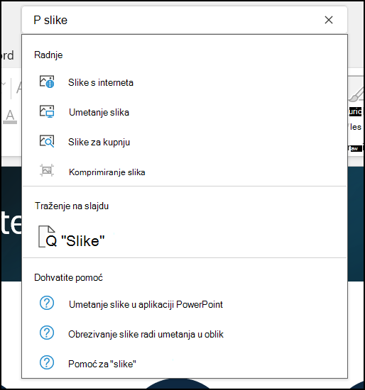 Okvir za pretraživanje na djelu u programu PowerPoint sa slikama koje se traže,